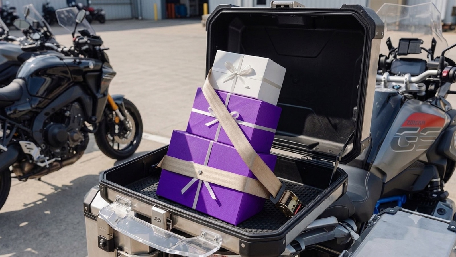 Colis Arya rangés dans le top-case d’une moto